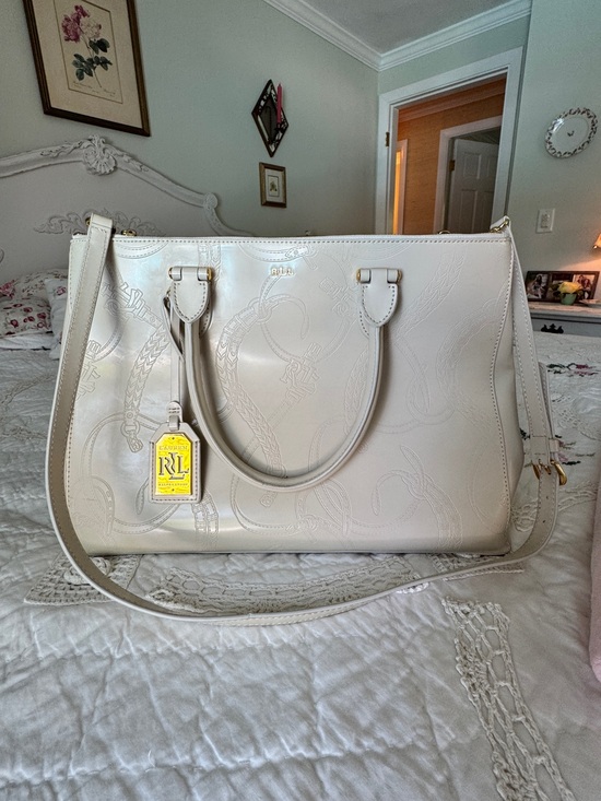 Ralph Lauren Handbags - Ralph Lauren “Taylor, Belti Double-Zip Embossed Leather Satchel” in Ivory